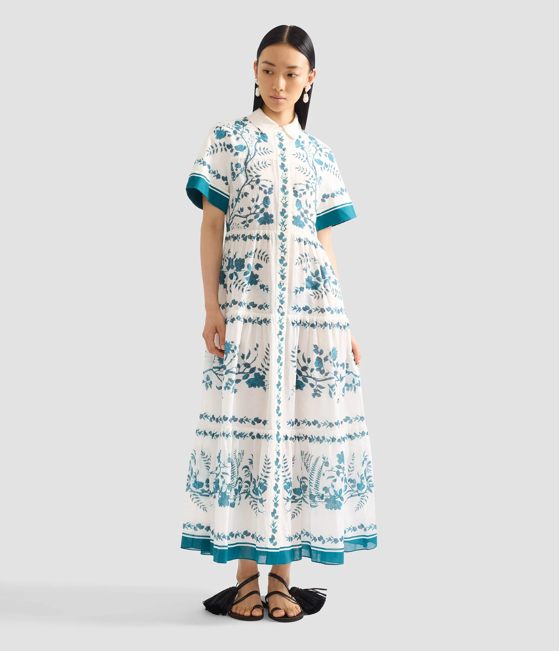 Botanical Print Cotton Linen Tiered Midi Shirt Dress - Image 2