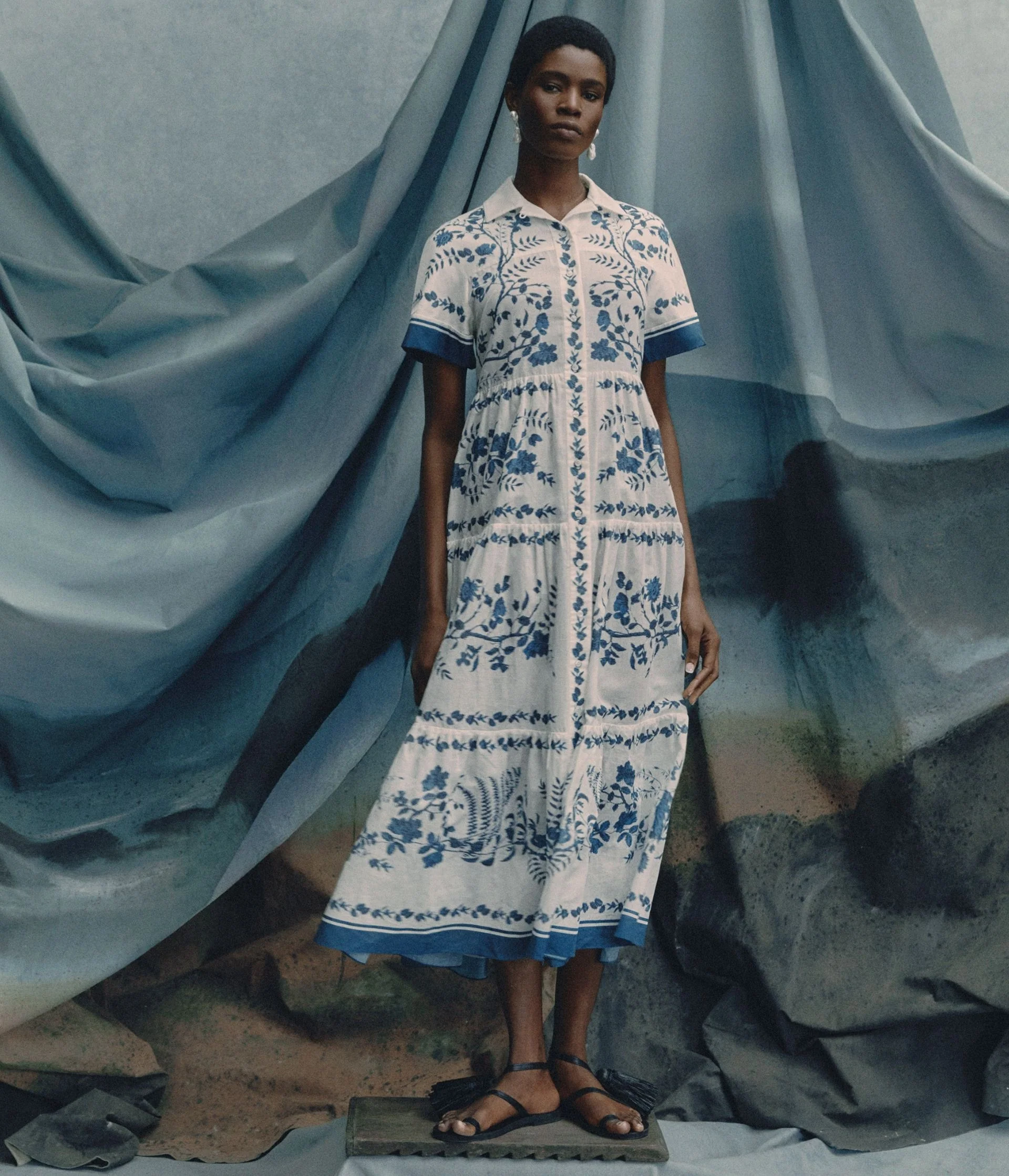 Botanical Print Cotton Linen Tiered Midi Shirt Dress - Image 3