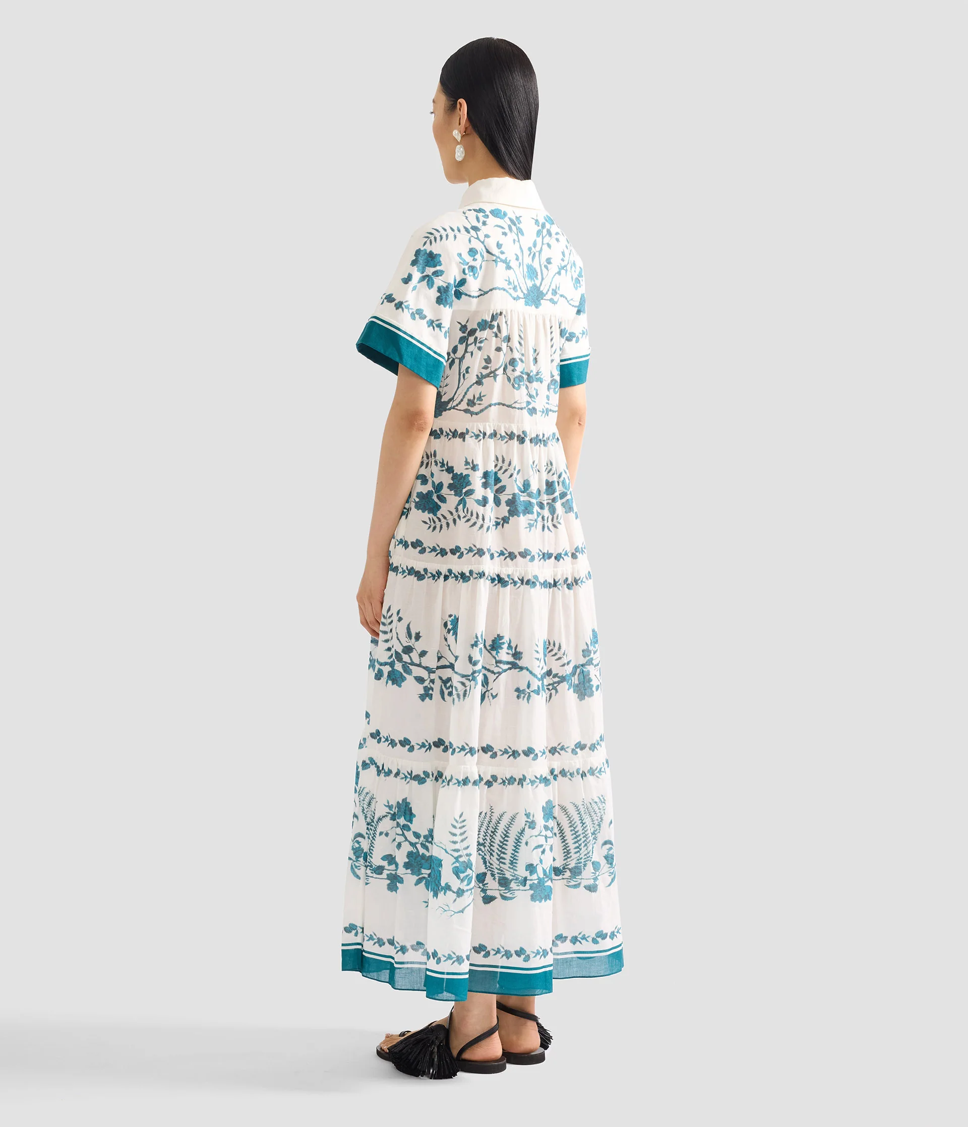 Botanical Print Cotton Linen Tiered Midi Shirt Dress - Image 4