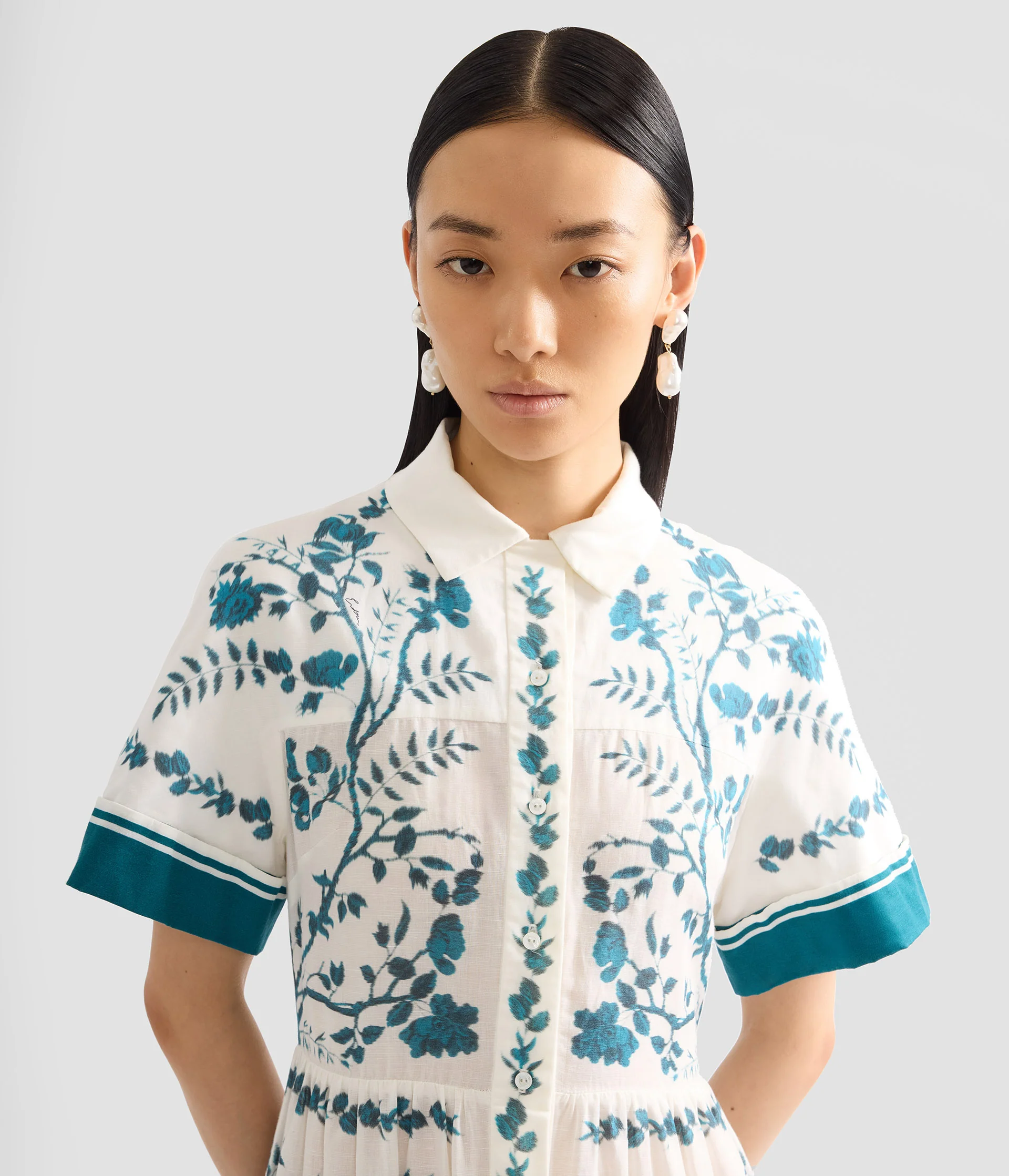 Botanical Print Cotton Linen Tiered Midi Shirt Dress - Image 5