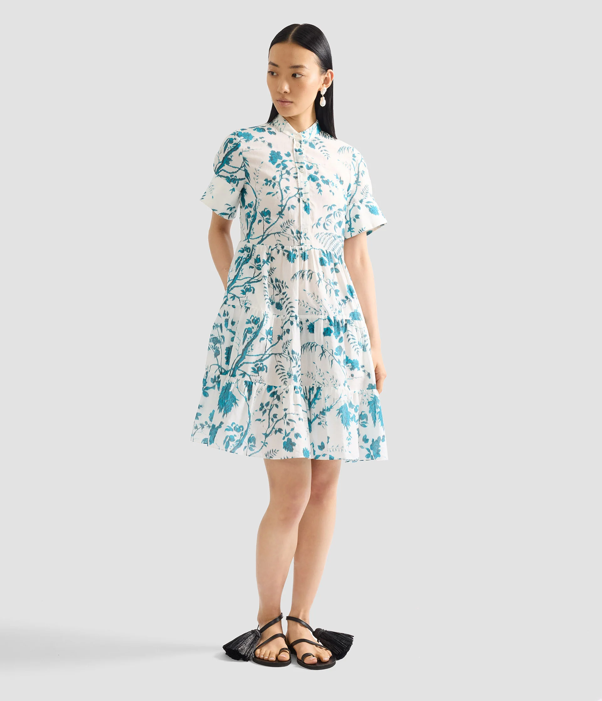 Botanical Print Cotton Linen Tiered Mini Dress - Image 2