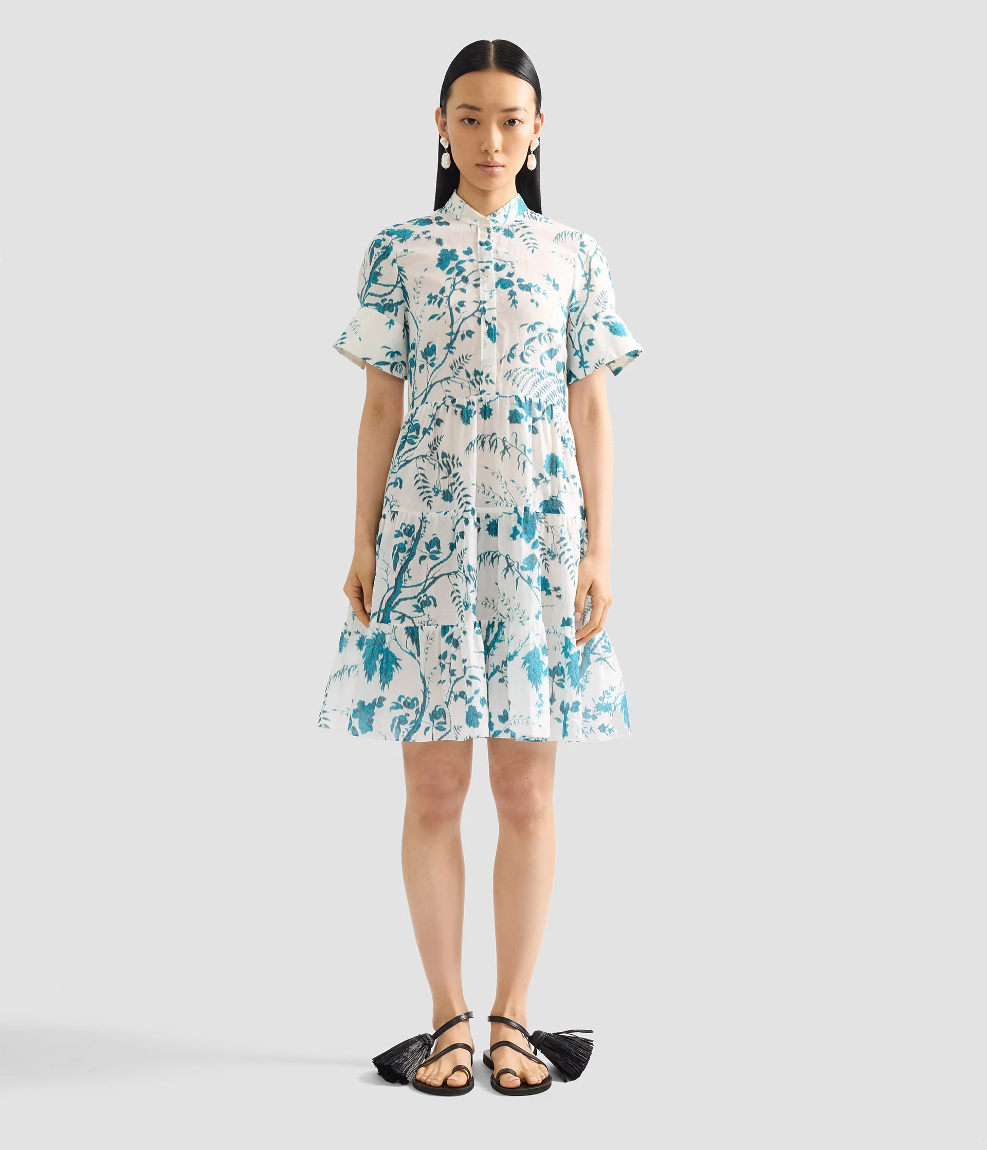 Botanical Print Cotton Linen Tiered Mini Dress - Image 4