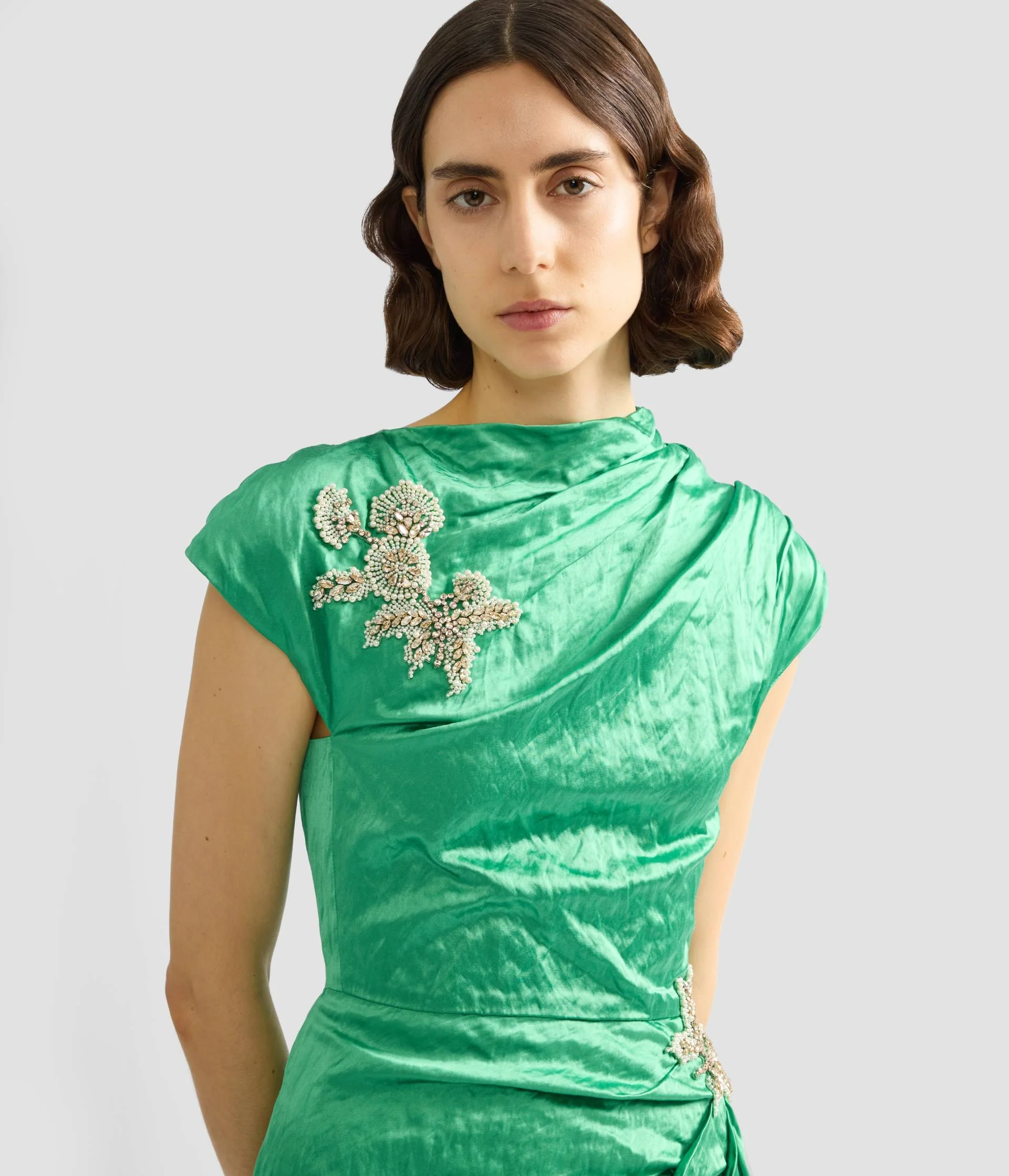 Embellished Textured Satin Draped Gown - Image 5