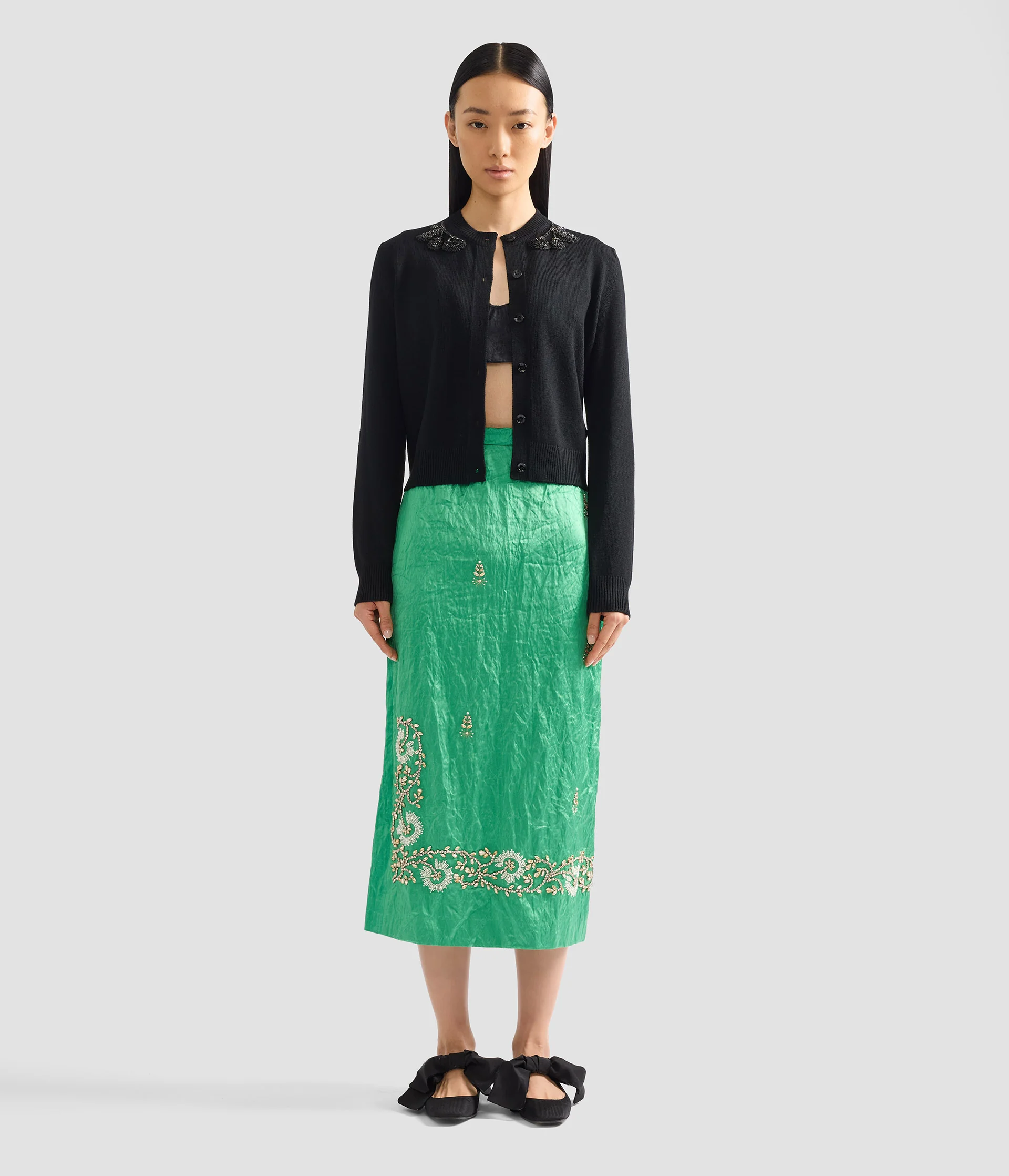 Embellished Textured Satin Midi Pencil Skirt - Image 4