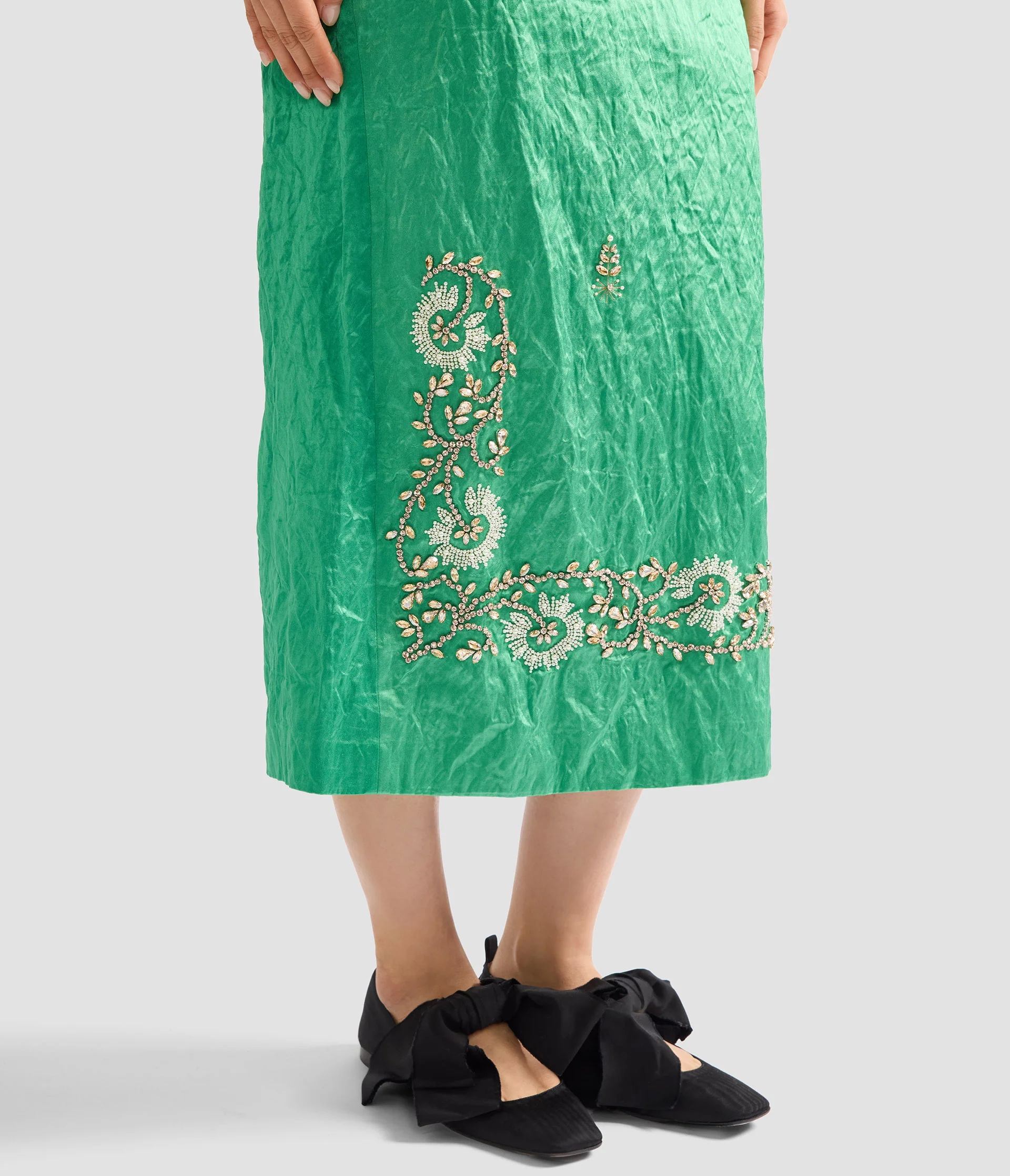 Embellished Textured Satin Midi Pencil Skirt - Image 5