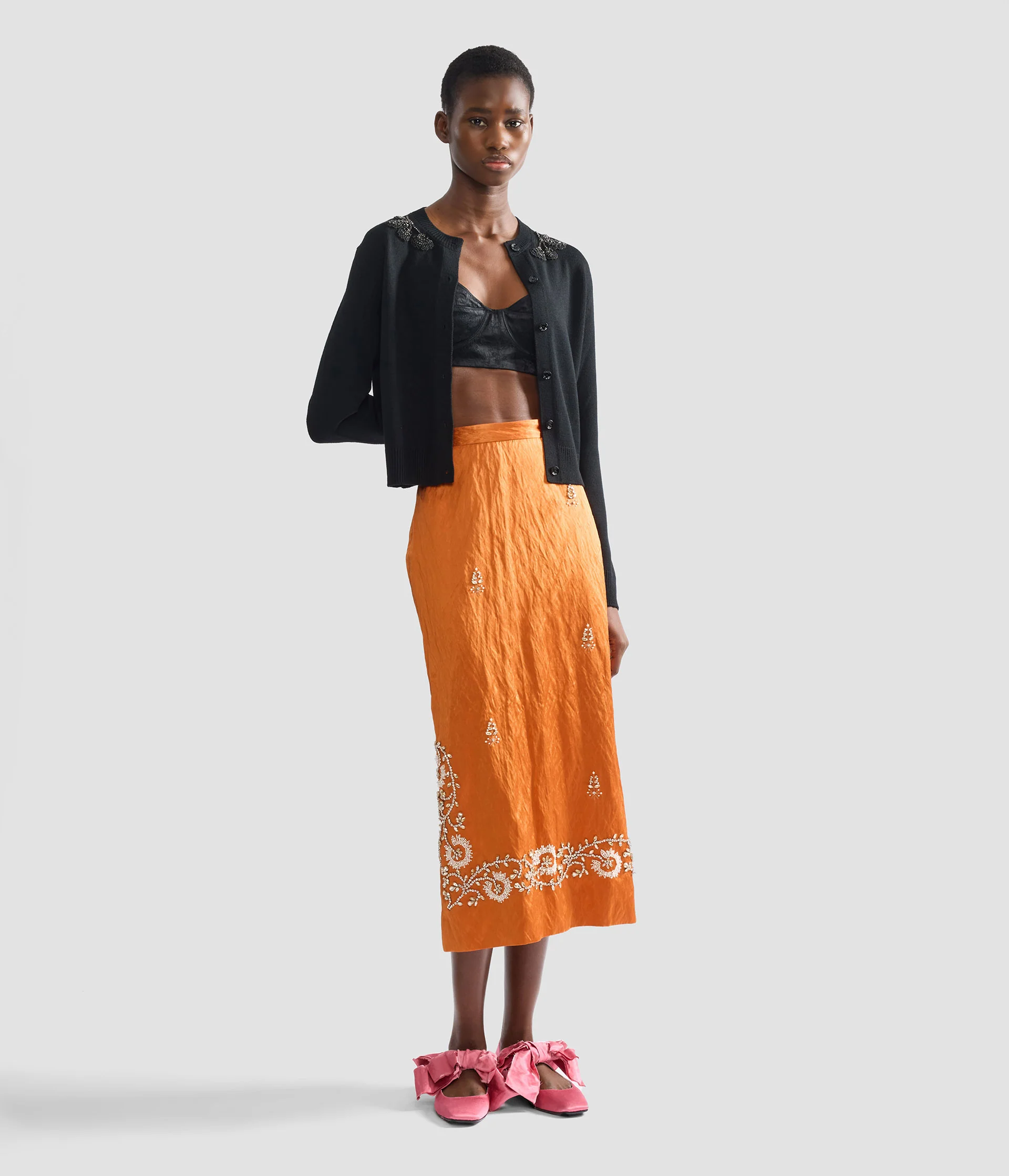Embellished Textured Satin Midi Pencil Skirt - Image 2
