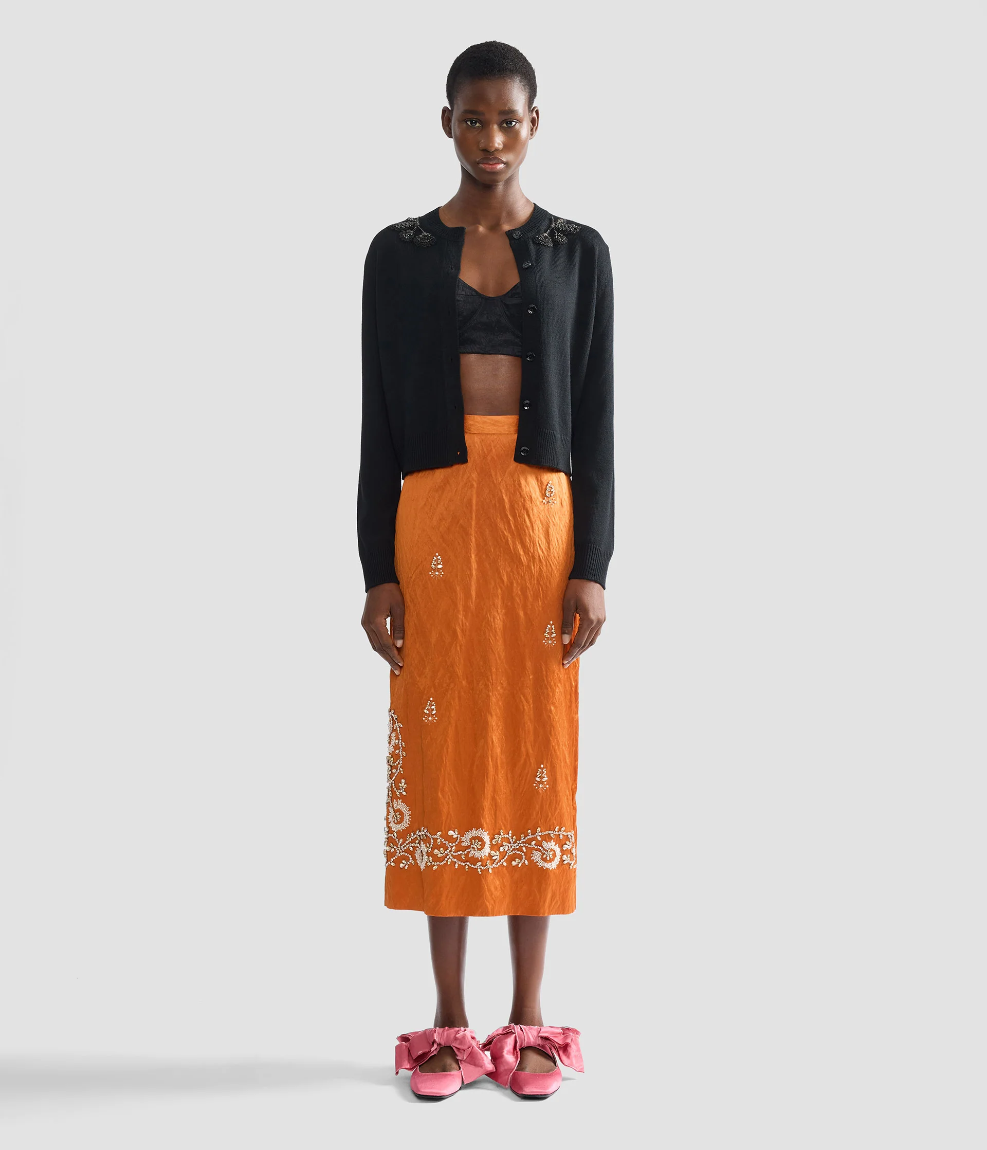 Embellished Textured Satin Midi Pencil Skirt - Image 4