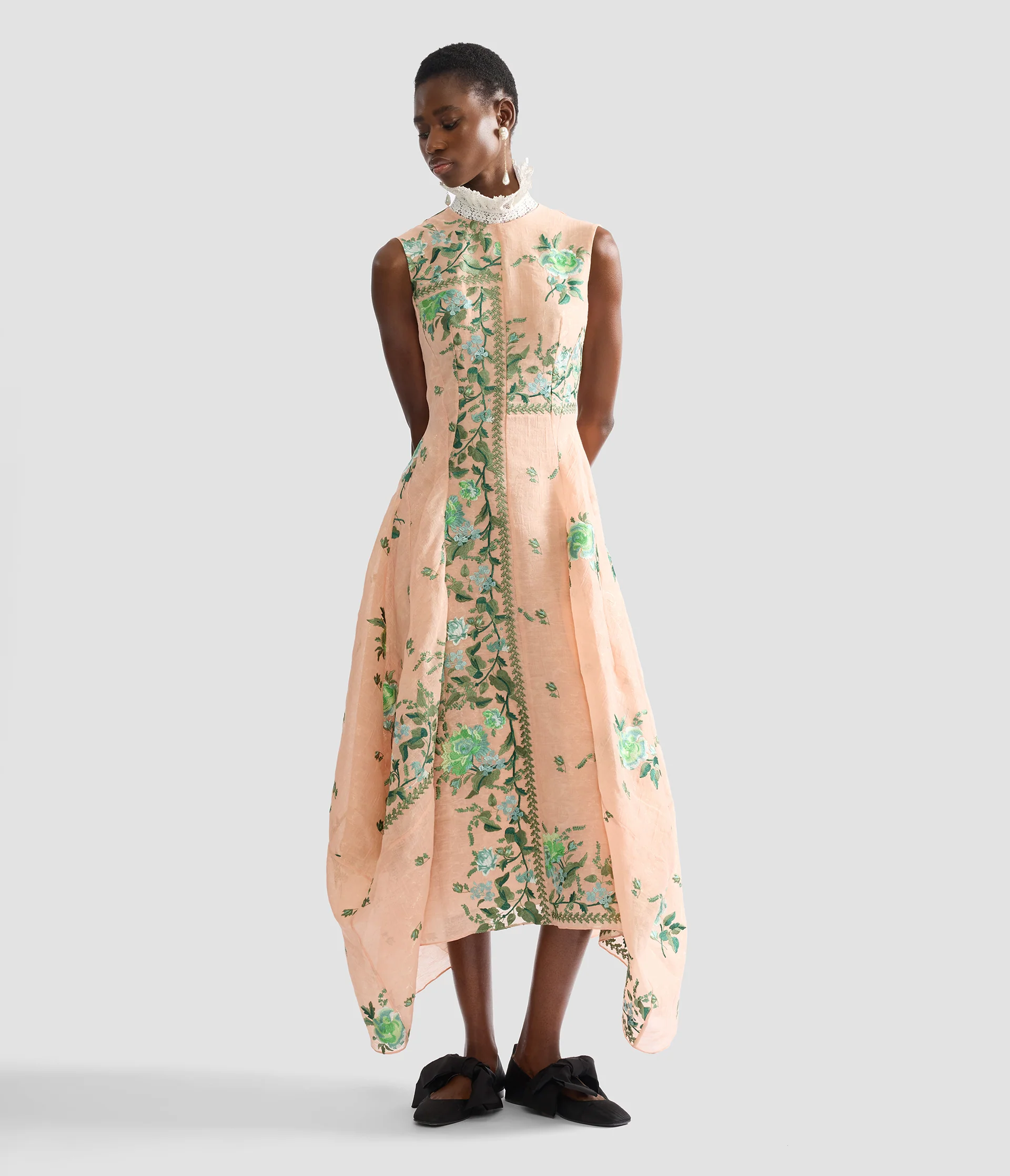 Embroidered Organza Draped Midi Dress - Image 2