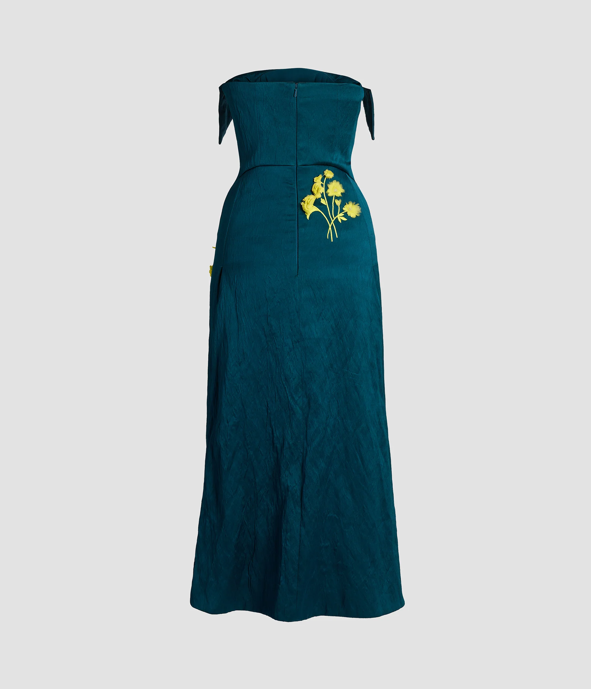 Embroidered Textured Satin Midi Pencil Dress - Image 3
