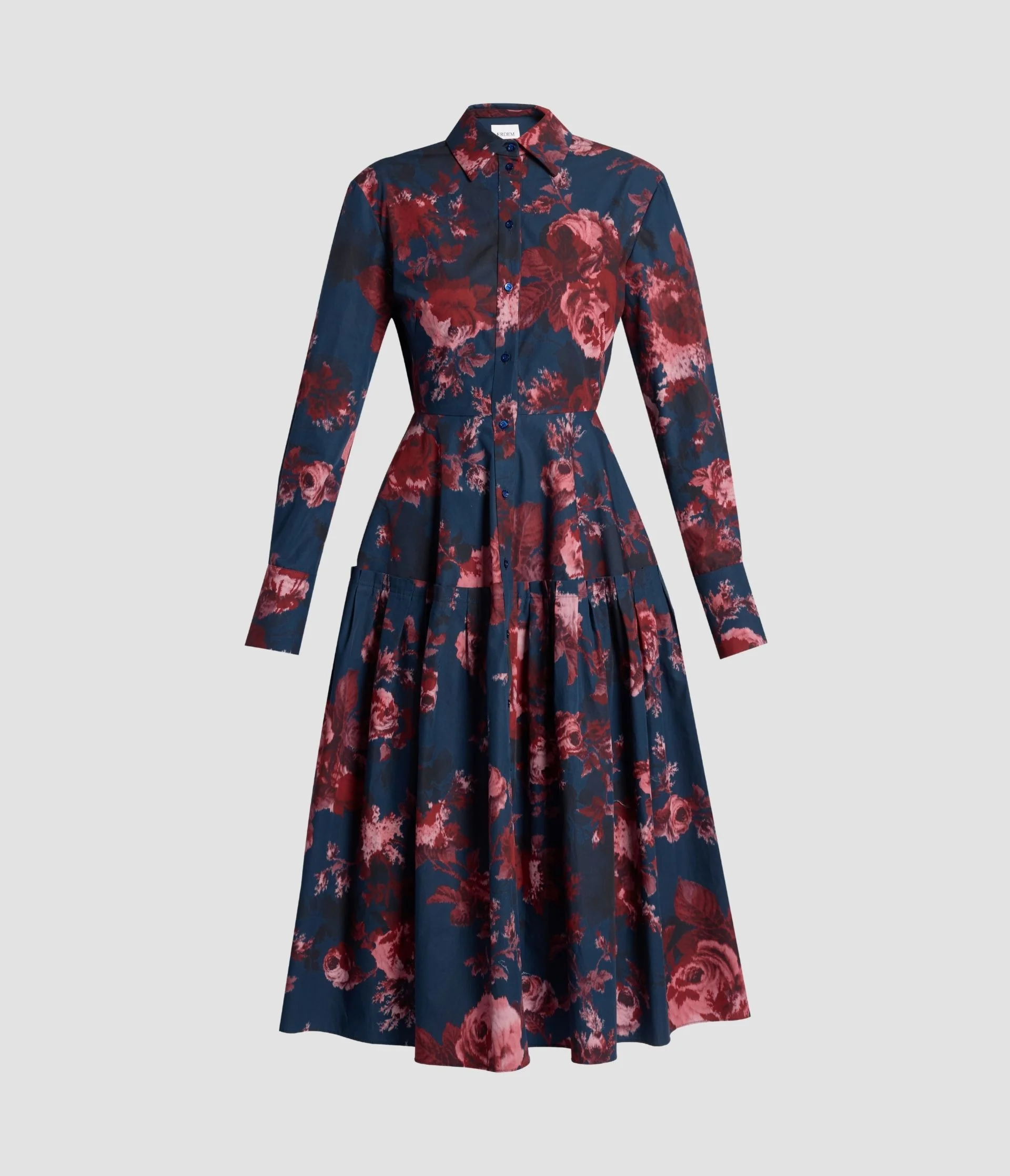 Floral Cotton Draped Long Sleeve Shirt Dress