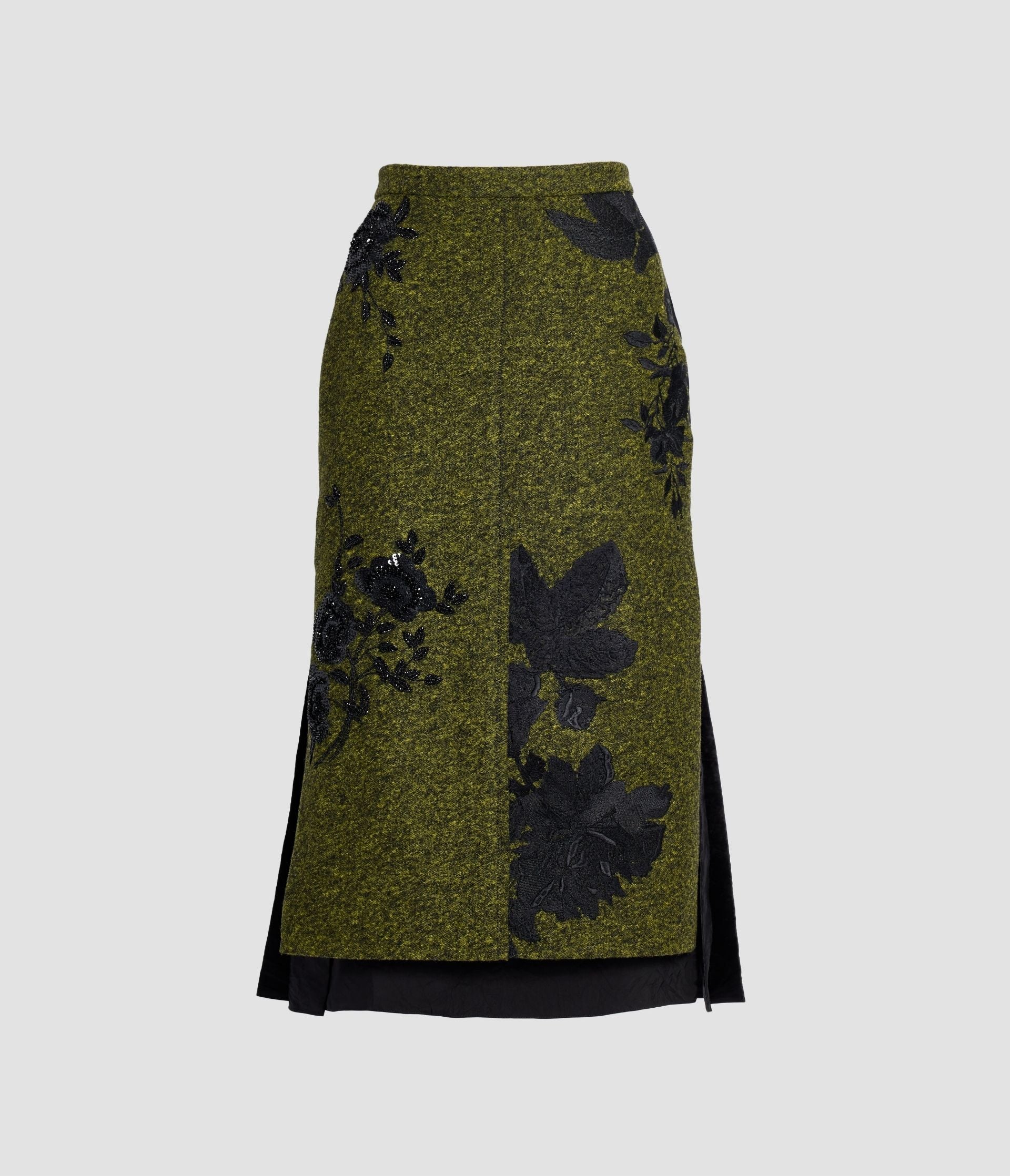 Floral Embroidered Wool Midi Skirt