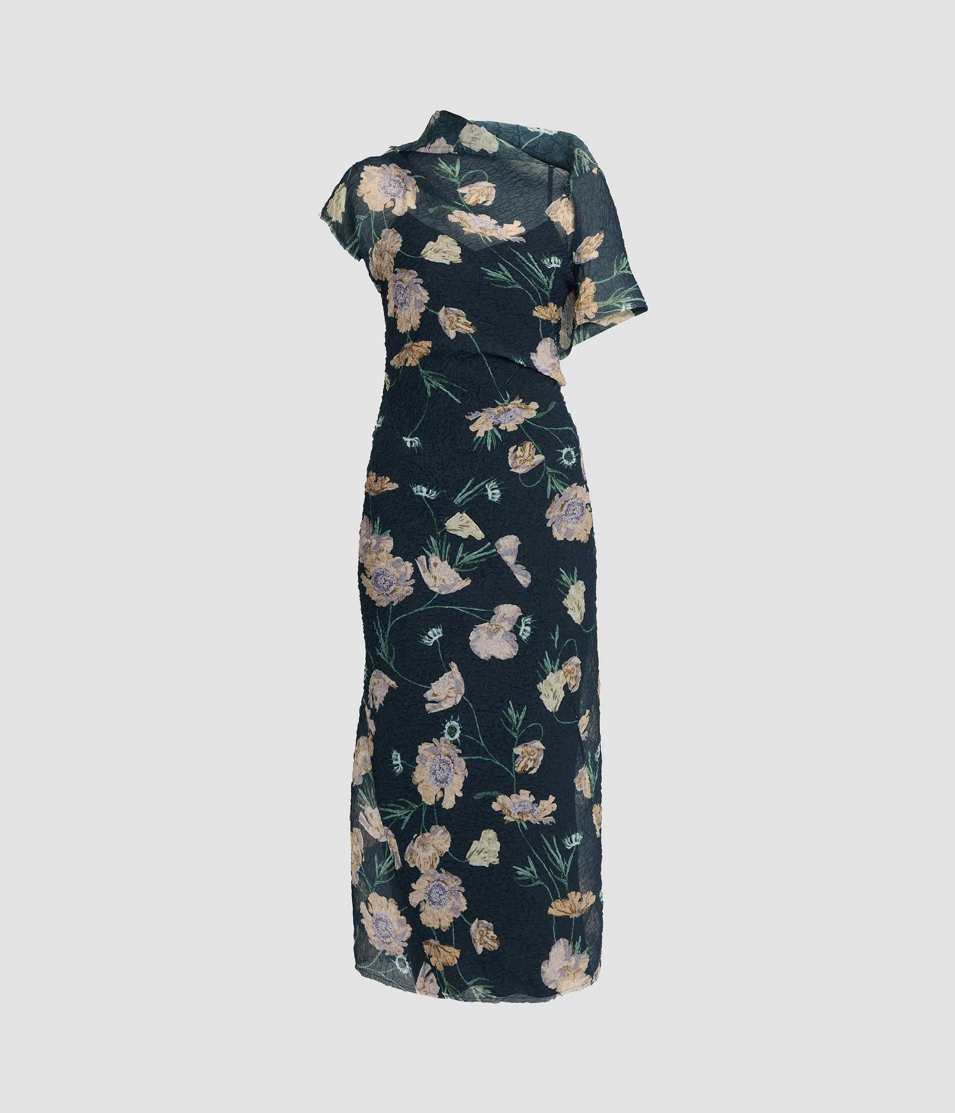 Floral Organza Cloque Asymmetric Midi Dress