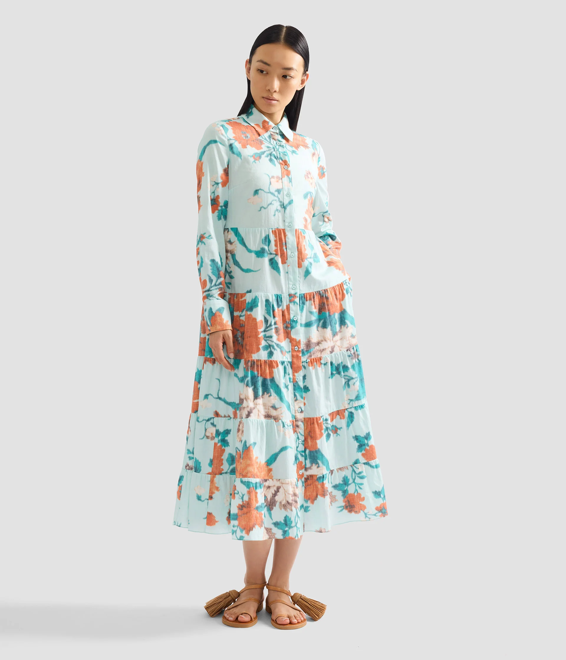 Floral Print Cotton Tiered Midi Shirt Dress - Image 2