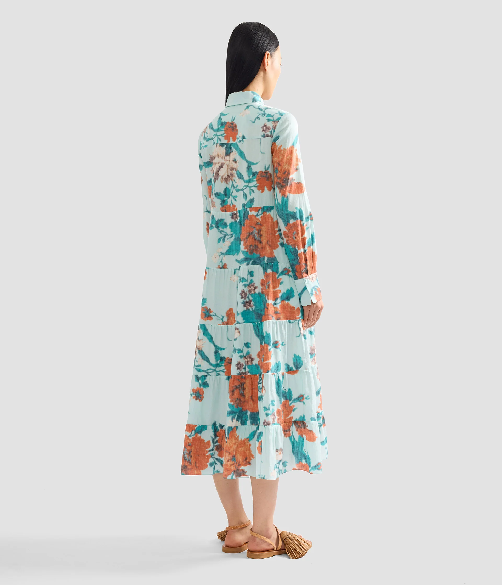 Floral Print Cotton Tiered Midi Shirt Dress - Image 3
