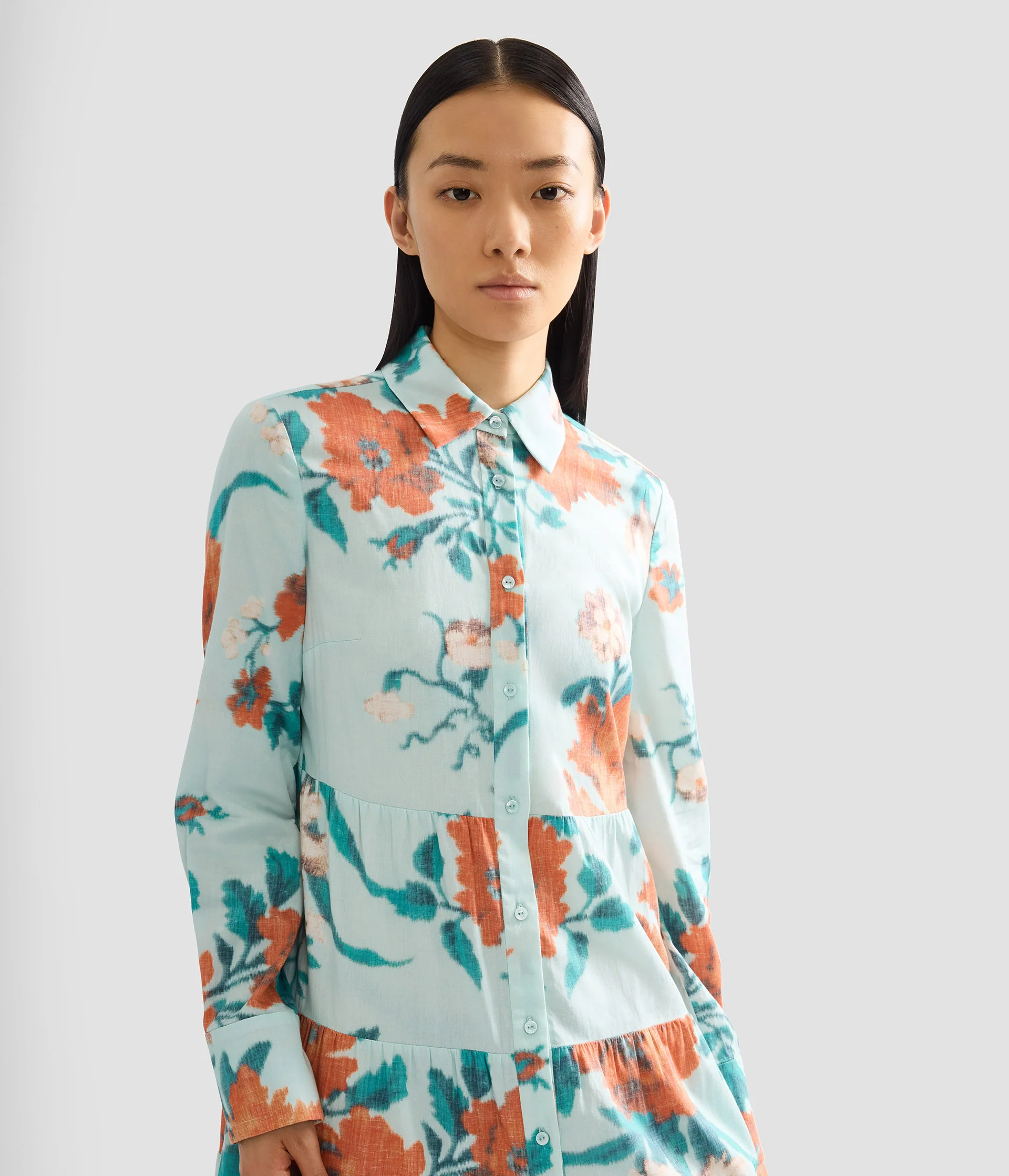 Floral Print Cotton Tiered Midi Shirt Dress - Image 4
