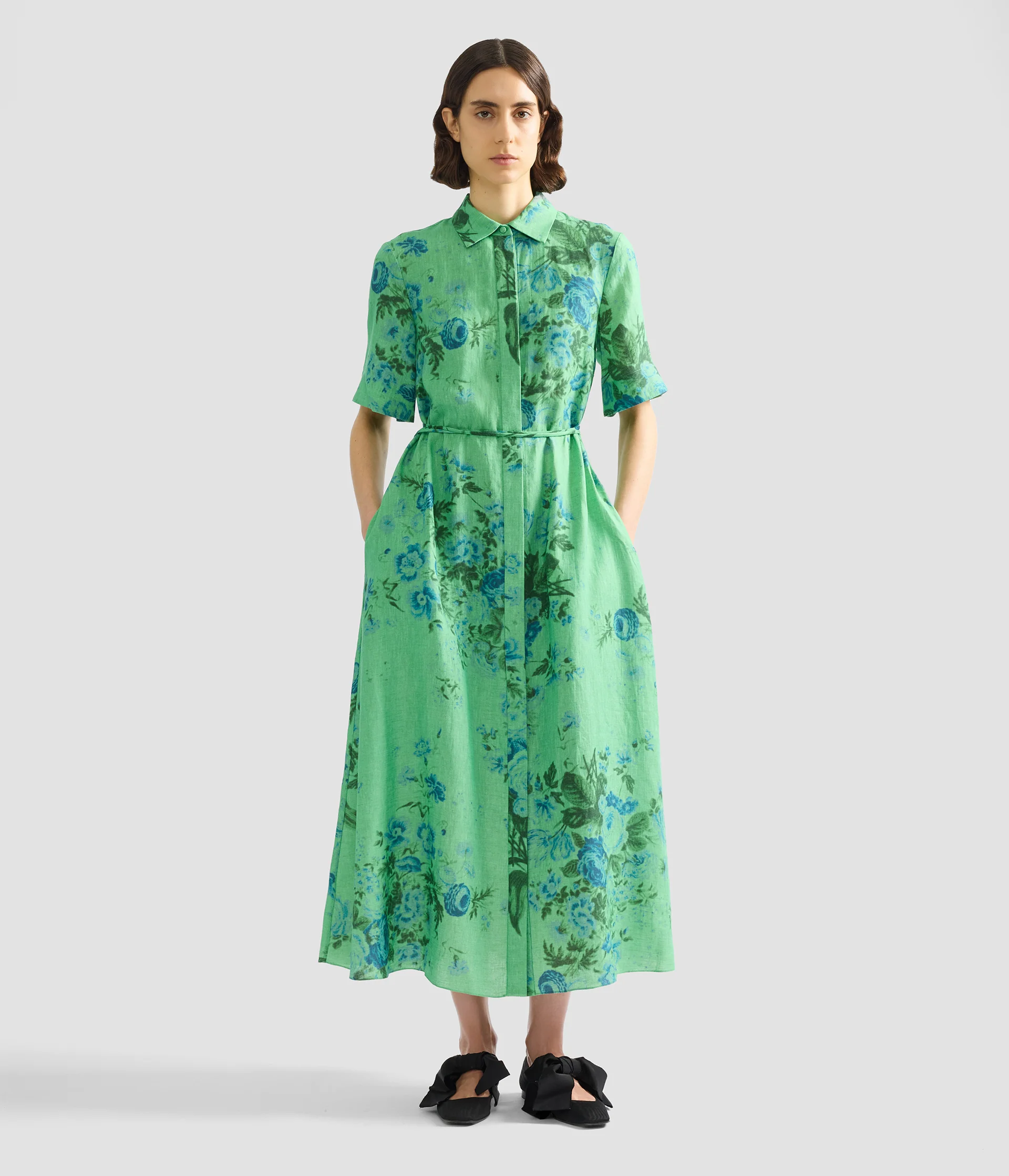 Floral Print Linen Tie-Waist Midi Shirt Dress - Image 2