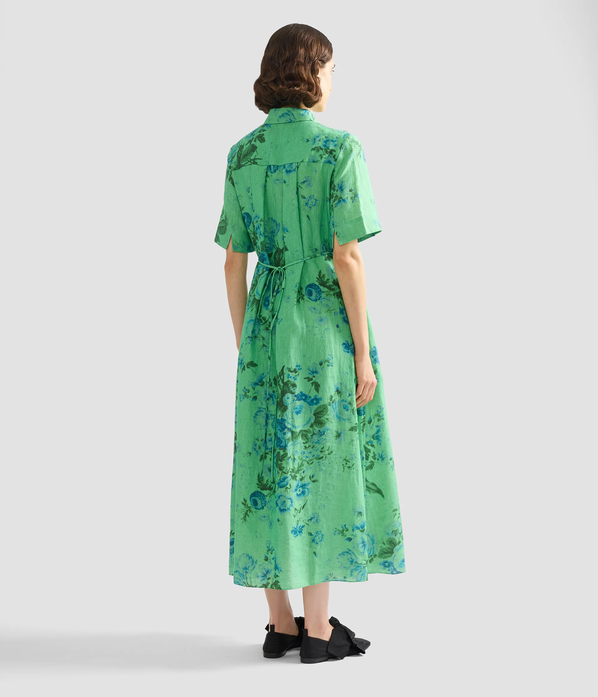 Floral Print Linen Tie-Waist Midi Shirt Dress - Image 3