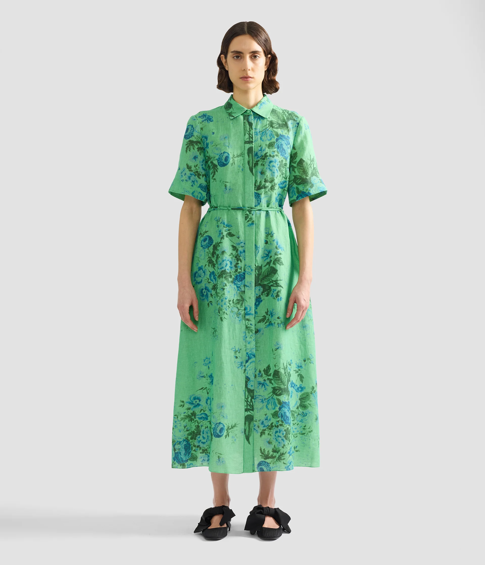 Floral Print Linen Tie-Waist Midi Shirt Dress - Image 4