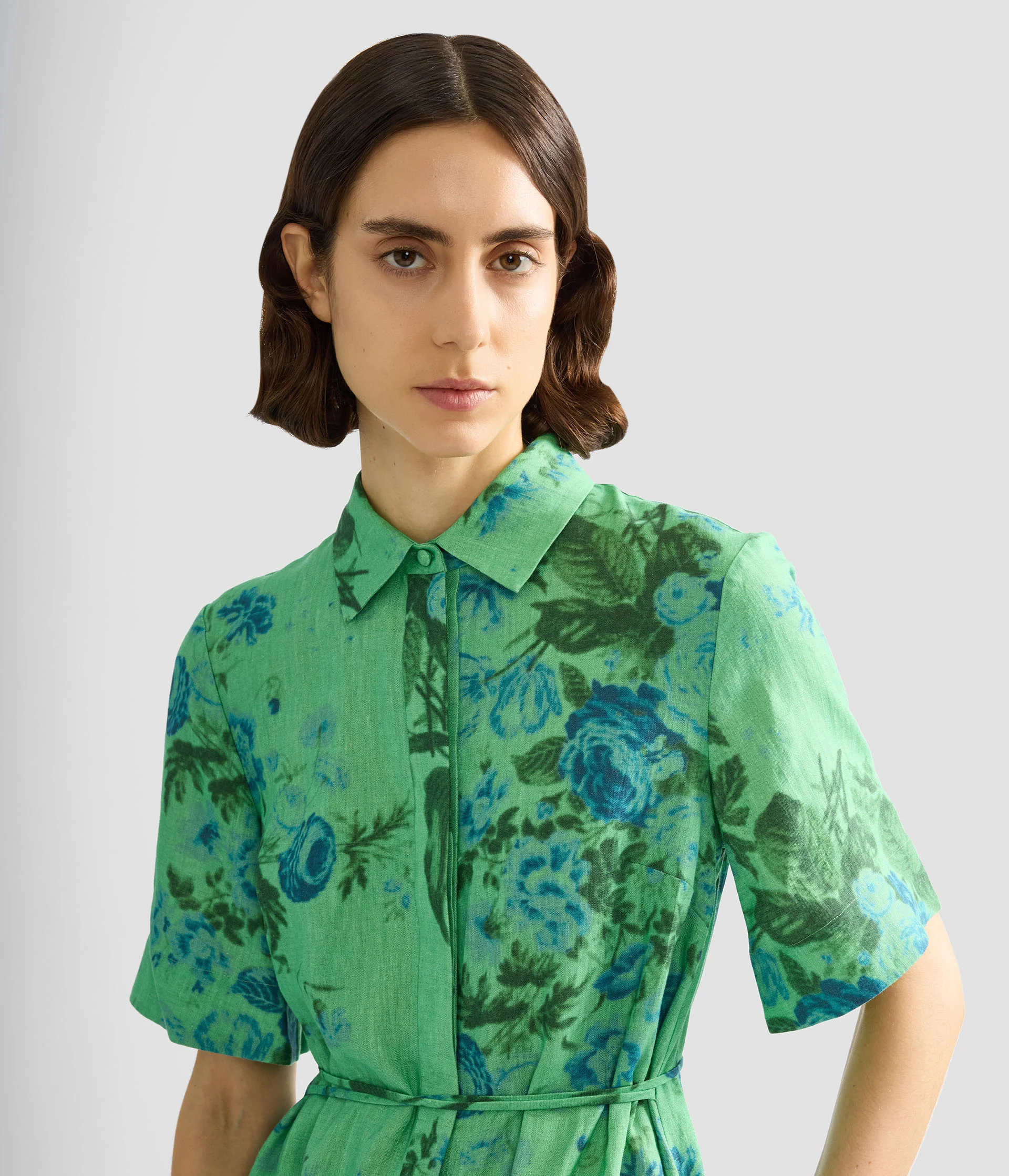 Floral Print Linen Tie-Waist Midi Shirt Dress - Image 5