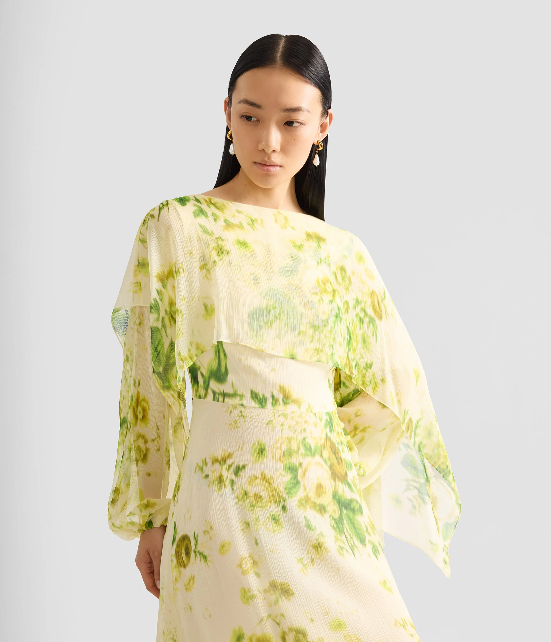 Floral Print Silk Creponne Draped Midi Dress - Image 4