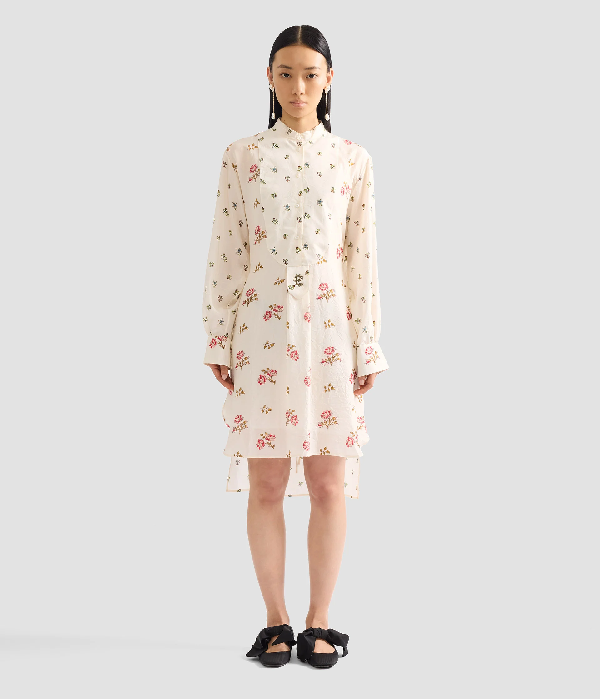 Floral Print Silk Long Sleeve Mini Shirt Dress - Image 4