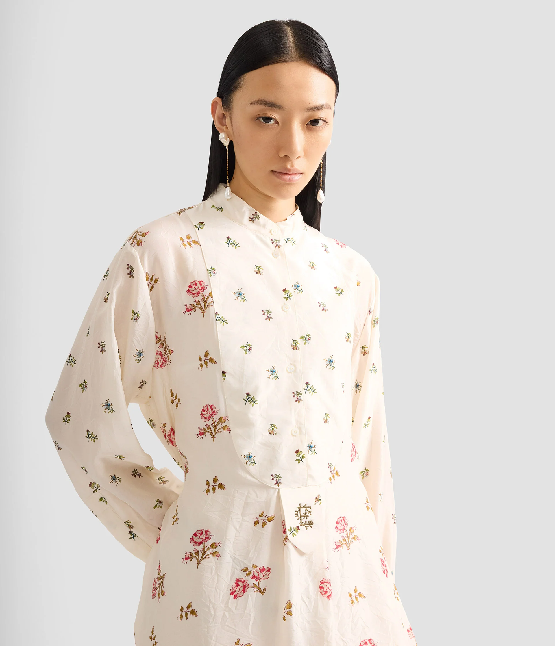 Floral Print Silk Long Sleeve Mini Shirt Dress - Image 5