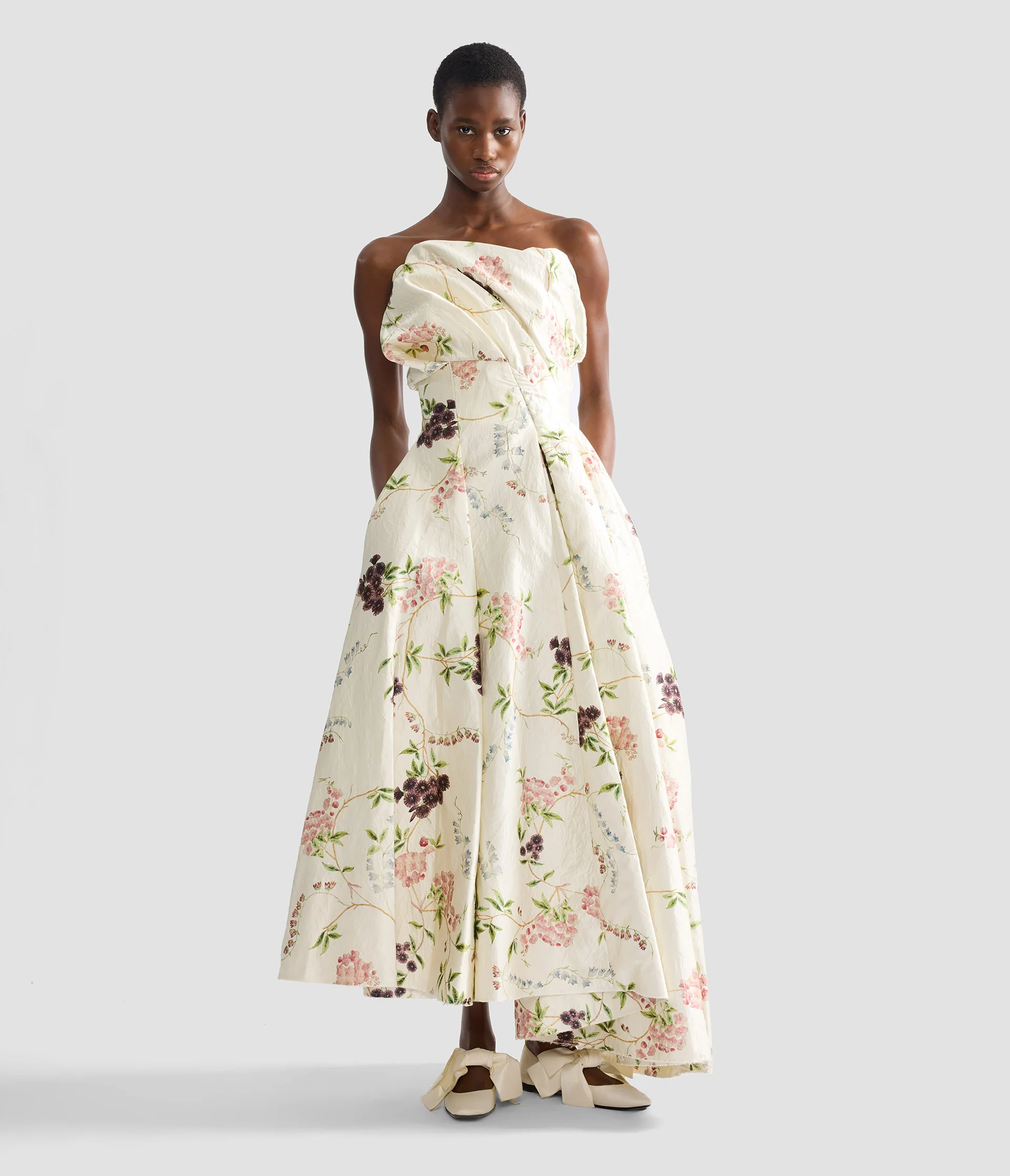 Floral Print Textured Satin Cloud Midi Dress - Image 2