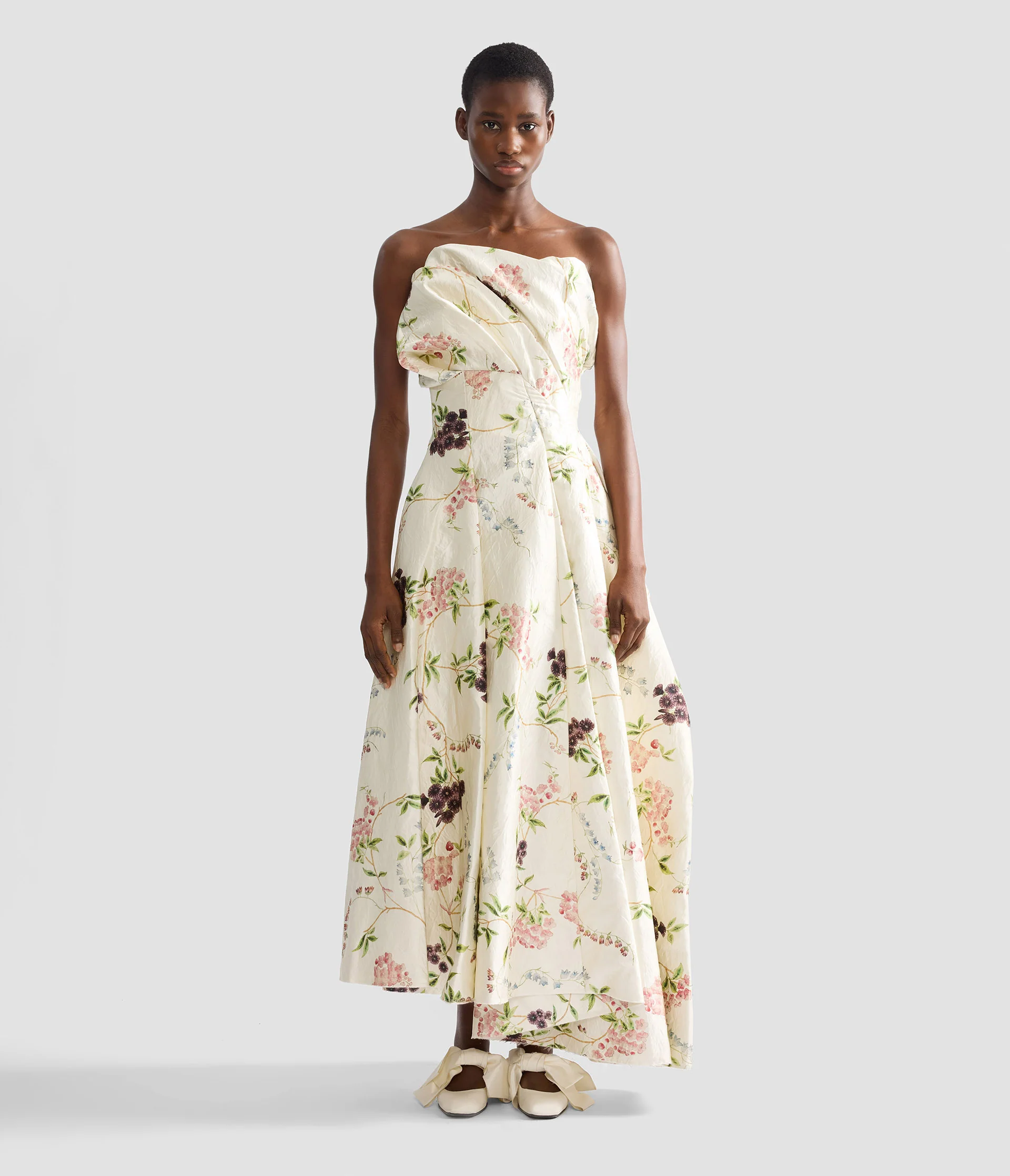 Floral Print Textured Satin Cloud Midi Dress - Image 4