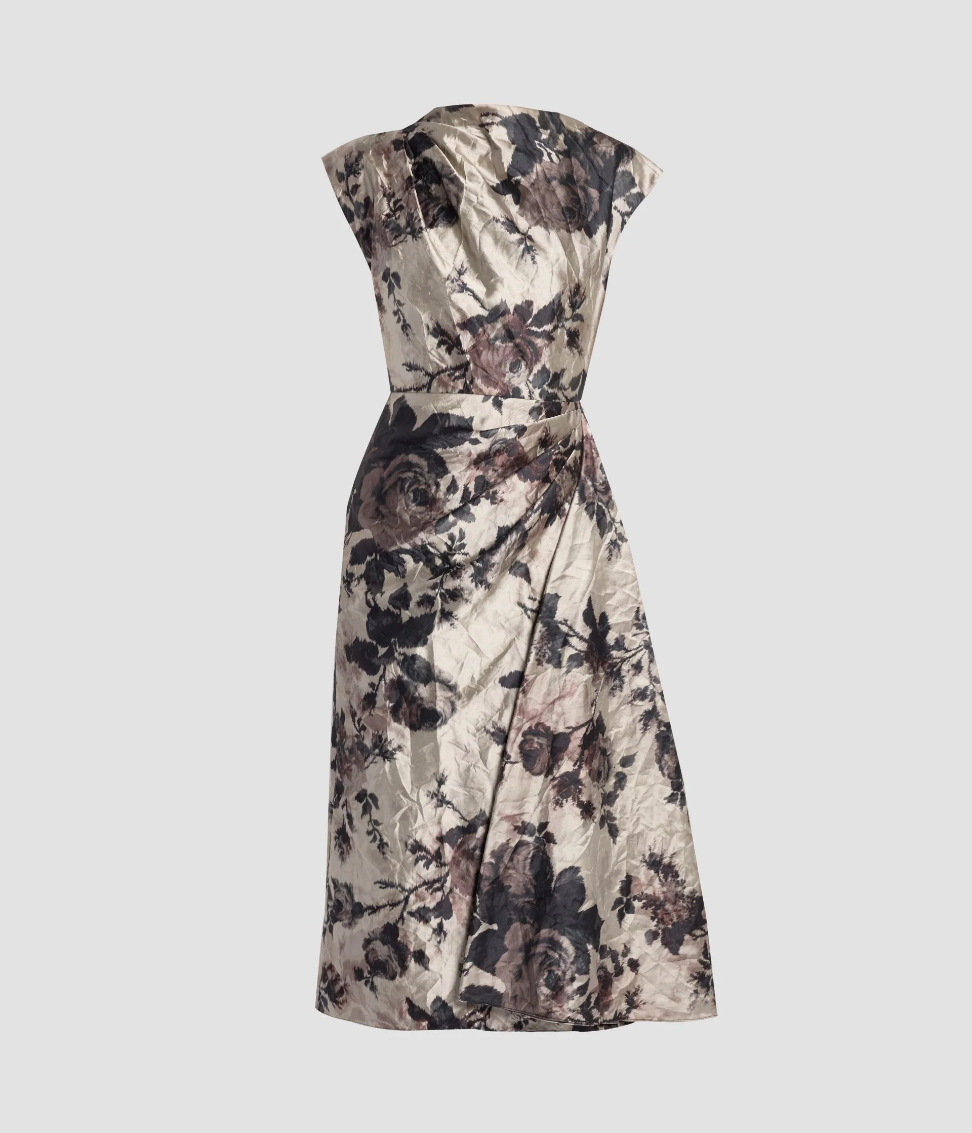 Floral Textured Satin Draped Midi Dress
