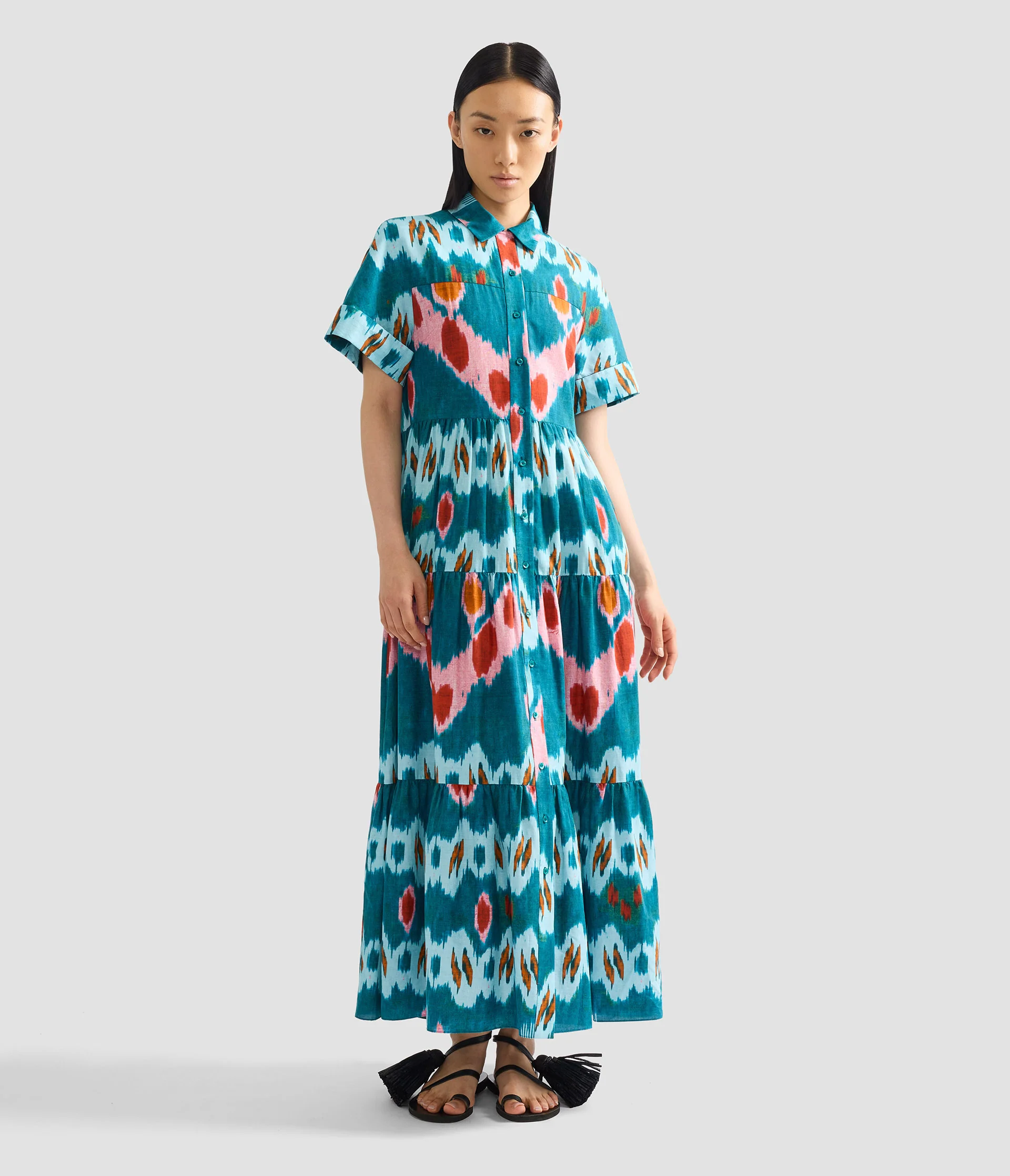 Ikat Print Cotton Tiered Midi Shirt Dress - Image 2