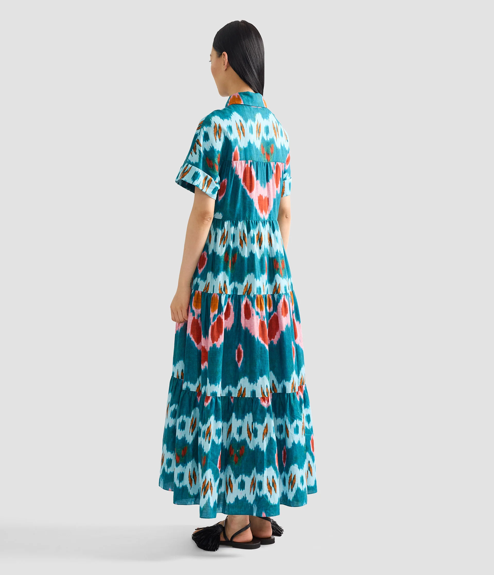 Ikat Print Cotton Tiered Midi Shirt Dress - Image 3