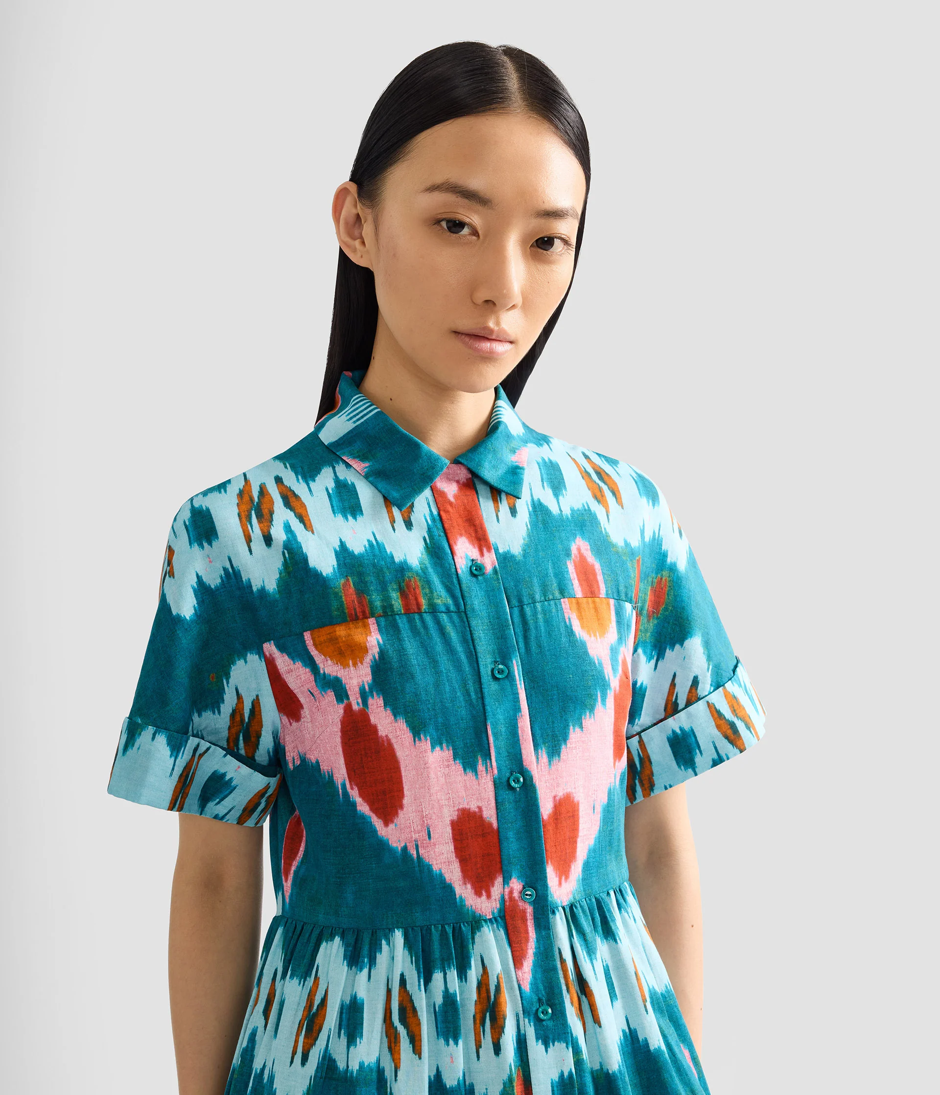Ikat Print Cotton Tiered Midi Shirt Dress - Image 4