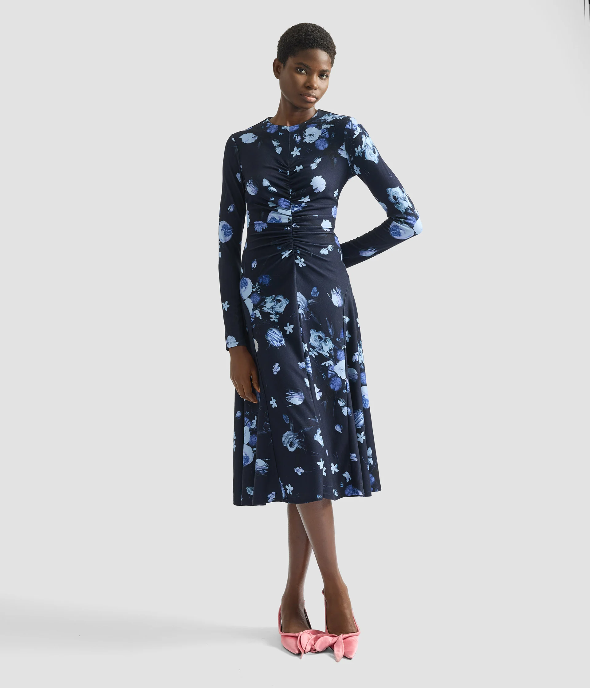 Floral Print Ponte Jersey Long Sleeve Midi Dress - Image 2